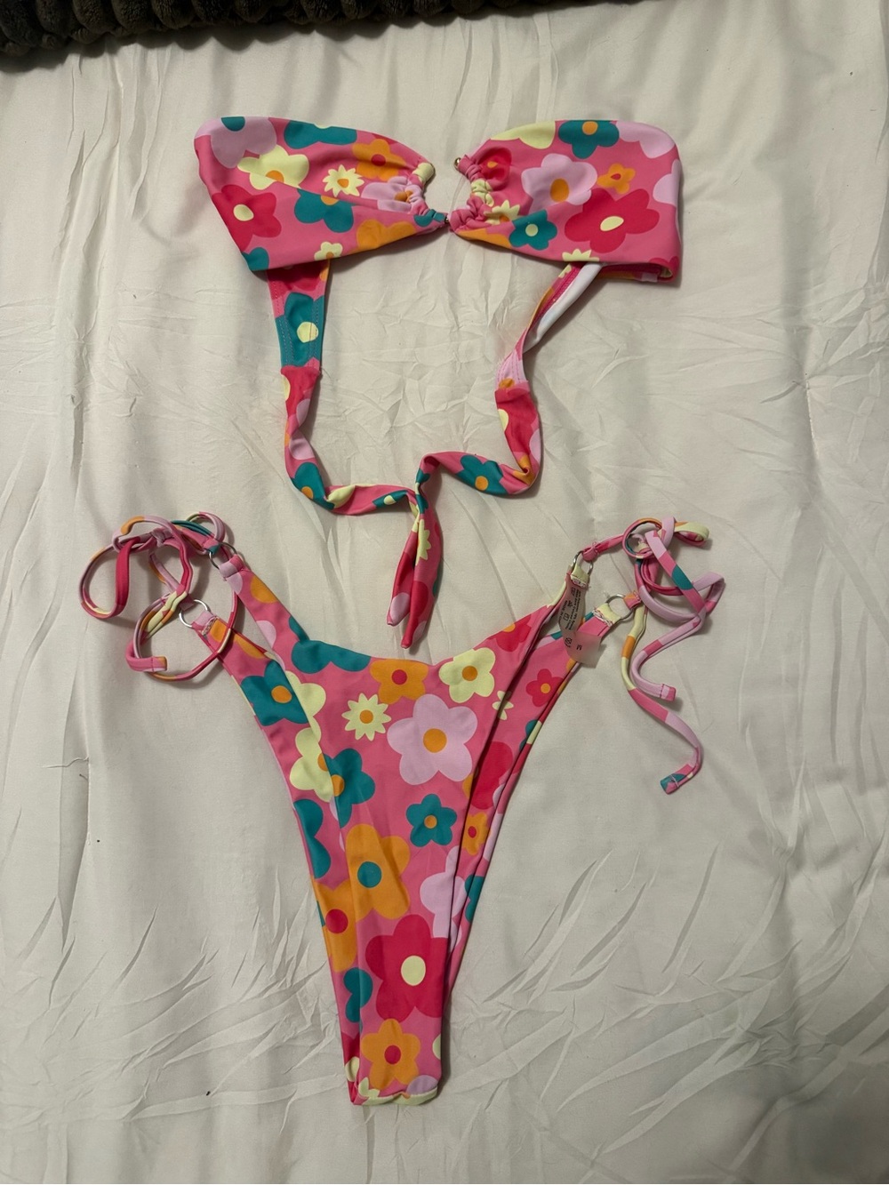 SHEIN Pink Multicolor Floral Bandeau Tie-Side Bikini